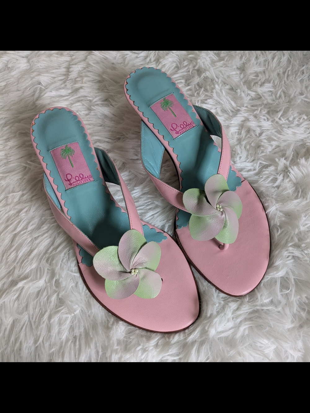 Lilly Pulitzer Pink Floral Toe-Post Sandals with Mint Flower Accent